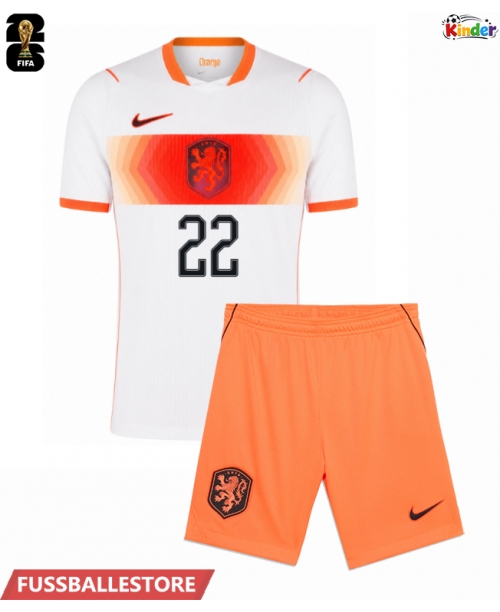 Günstige Niederlande Denzel Dumfries #22 Auswärts Trikotsatzt Kinder WM 2026 Kurzarm (+ Kurze Hosen)